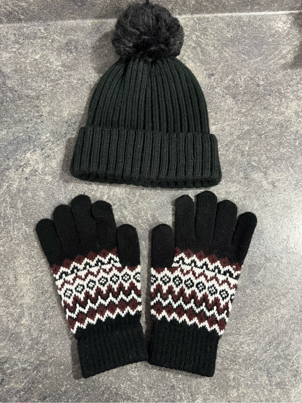 Black Pom Beanie with Patterned Black Knit Gloves - Women's Winter Set